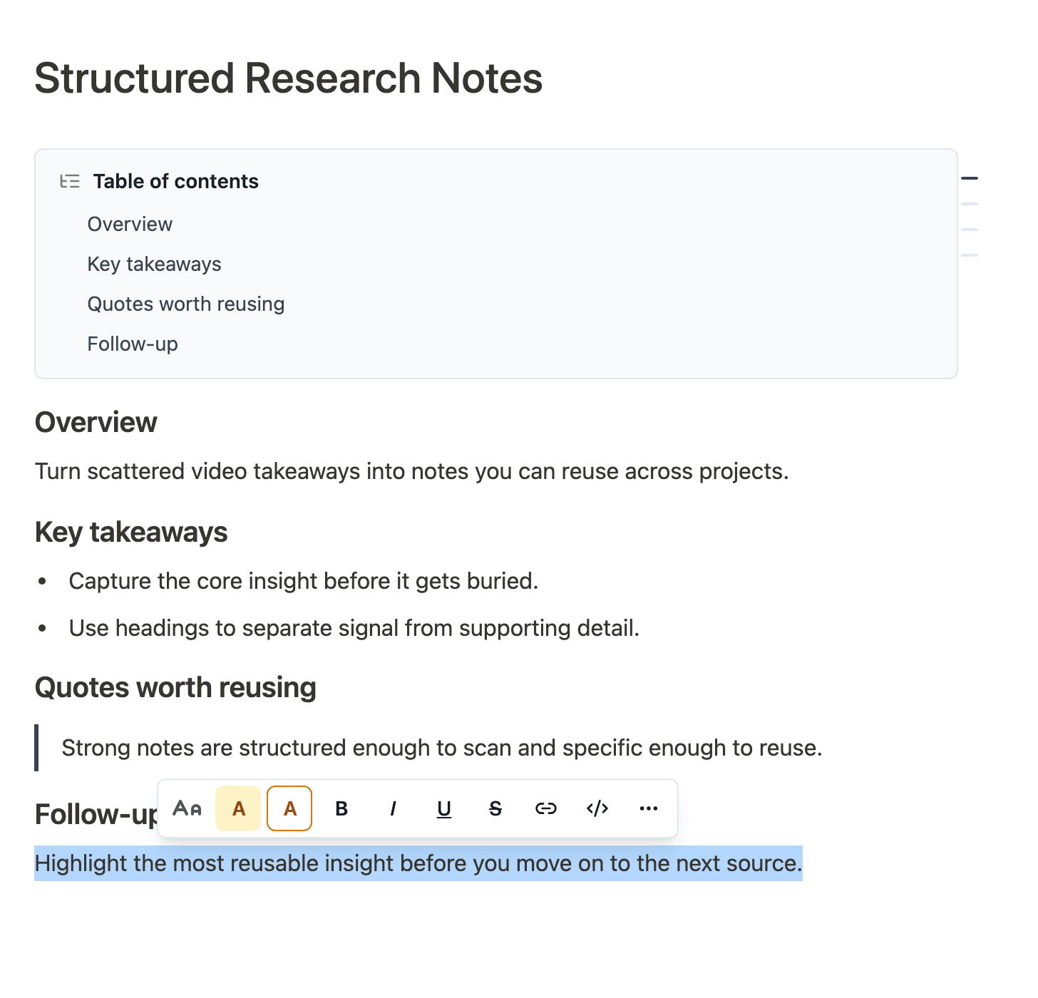TubeFlow notes editor showing the table of contents and formatting menu