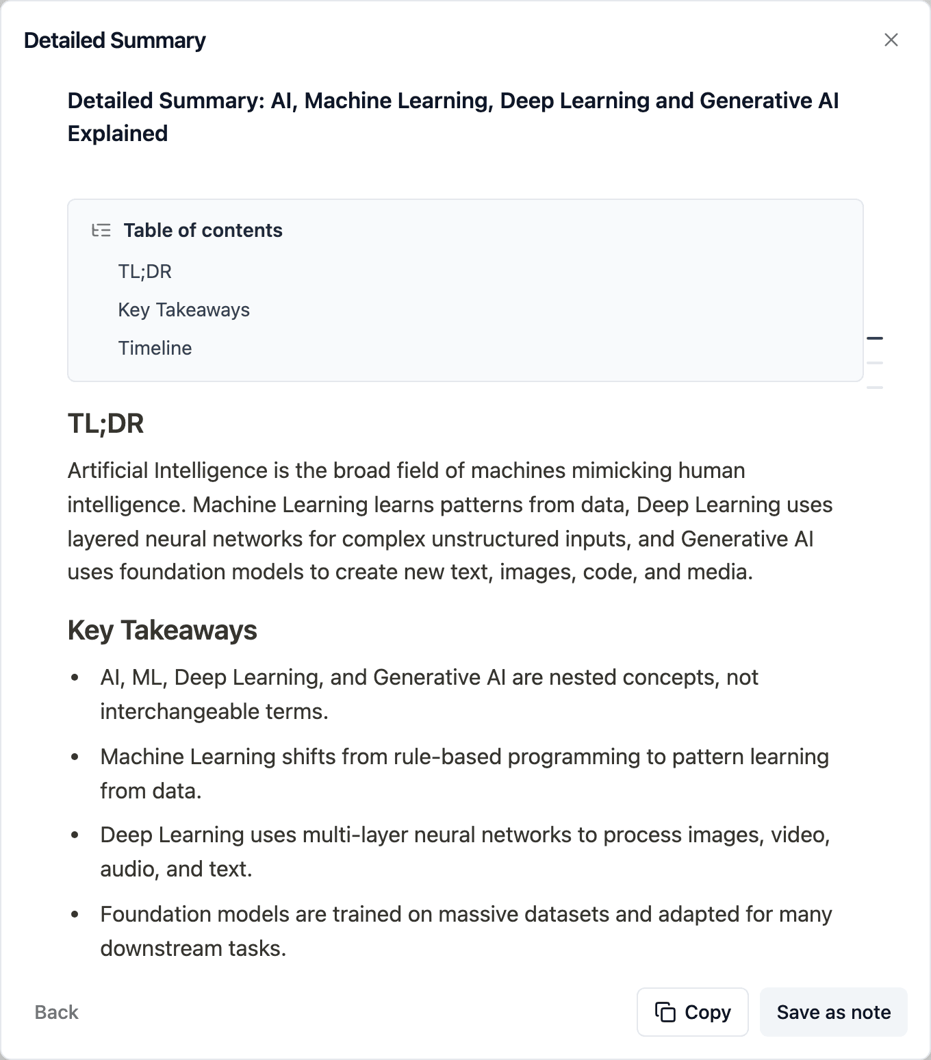 TubeFlow playlist videos view showing a generated detailed AI summary dialog